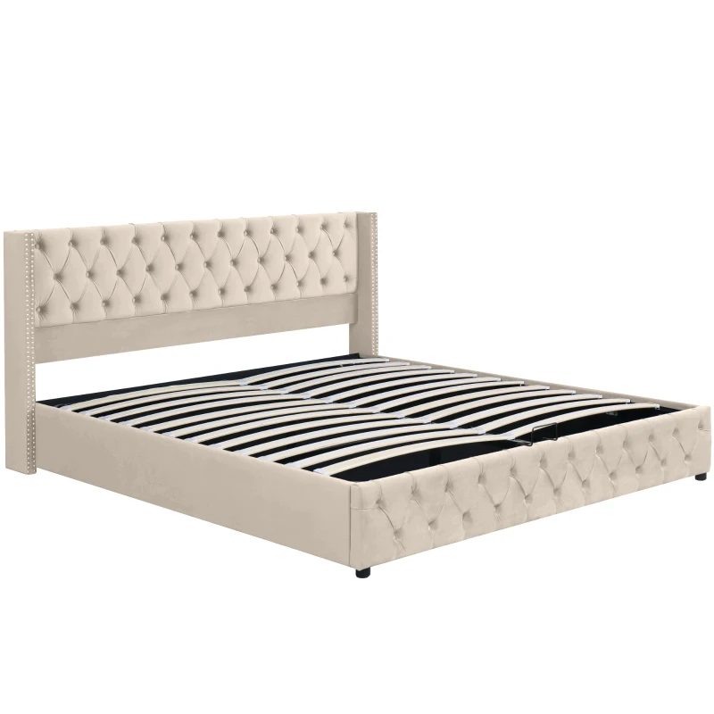 King Size Upholstered Bed with Hydraulic Lever, Velvet Fabric, Storage Bed Frame, No Mattress, 162x209x94.5 cm, Beige