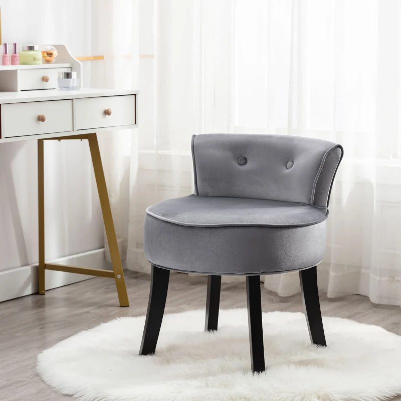 Velvet Upholstered Dressing Table Chair with Oak Legs, Button Tufted Pattern, Ergonomic Design, 45x38.5x58 cm, Gray