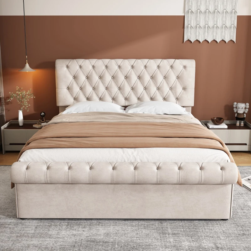 5ft King Size Luxurious Velvet Button Tufted Sleigh Bed with Hidden Storage, Adjustable Headboard, and Sturdy Frame, 160x228x107 cm, Beige