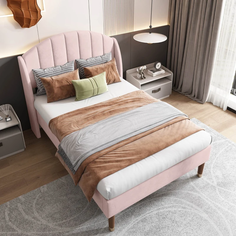 Upholstered Pink Bed with Slatted Frame and Headboard, Velvet Fabric Girls Bed, Easy Assembly, 100x196x108 cm, Pink