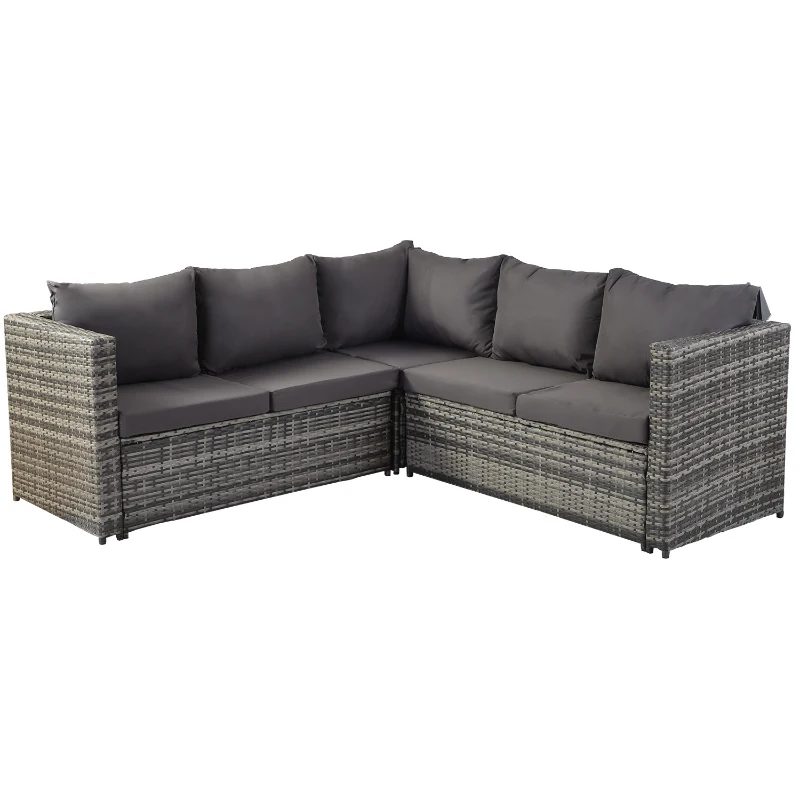 7 Seater Rattan Garden Patio Corner Sofa Set with High Glass Top Dining Table, 184x184x66 cm, Grey