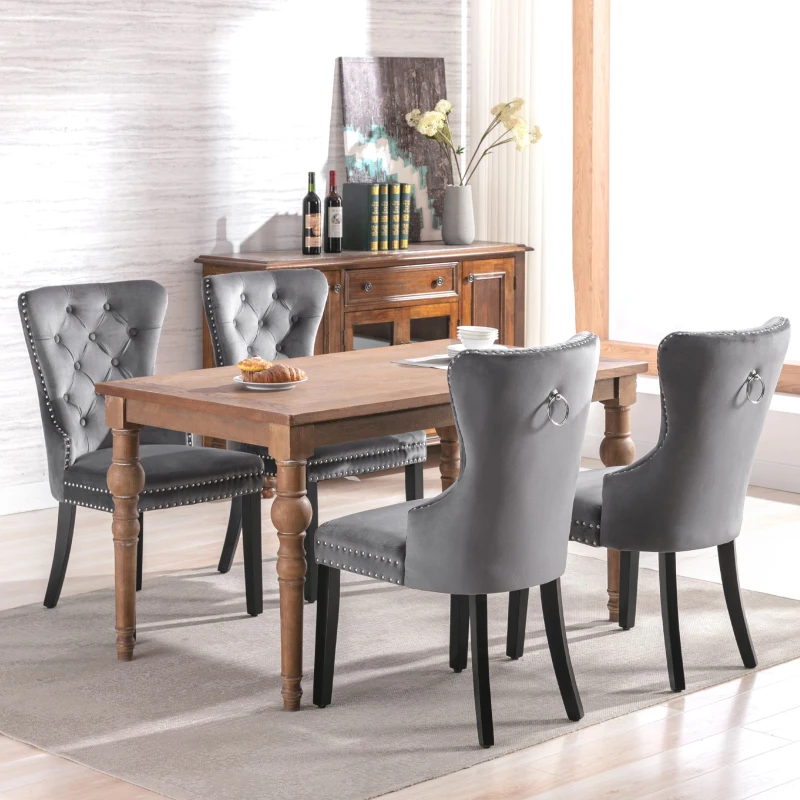Set of 6 Velvet Dining Chairs with Oak Legs, Button Tufting and Chrome Knocker, 53x54x97 cm, Gray