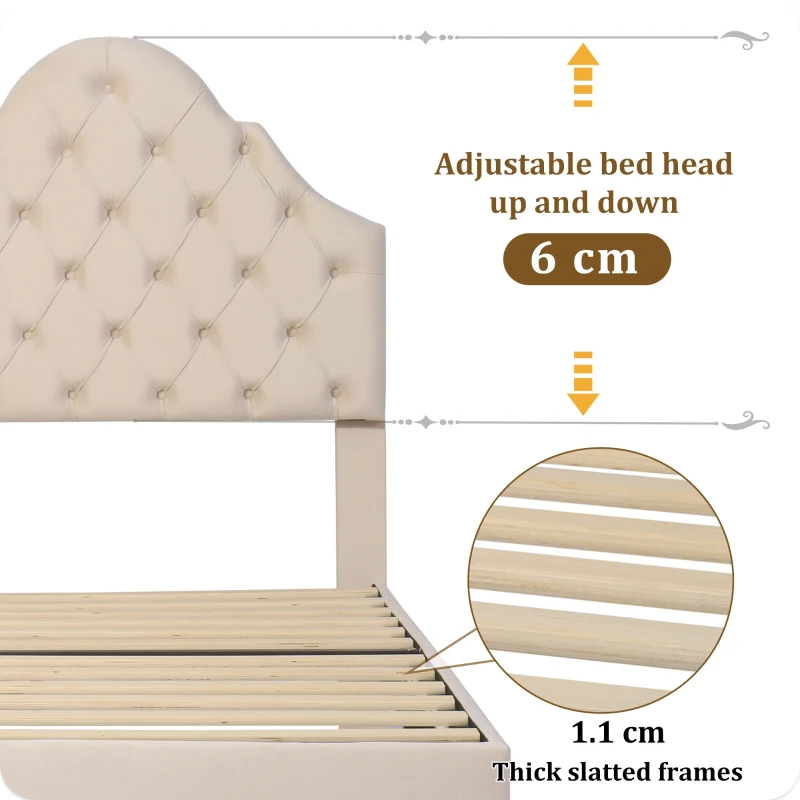 Upholstered Single Chair Bed with Adjustable Headboard, Velvet Fabric, Wooden Slat Frame, Easy Assembly, 90x193x124 cm, Beige