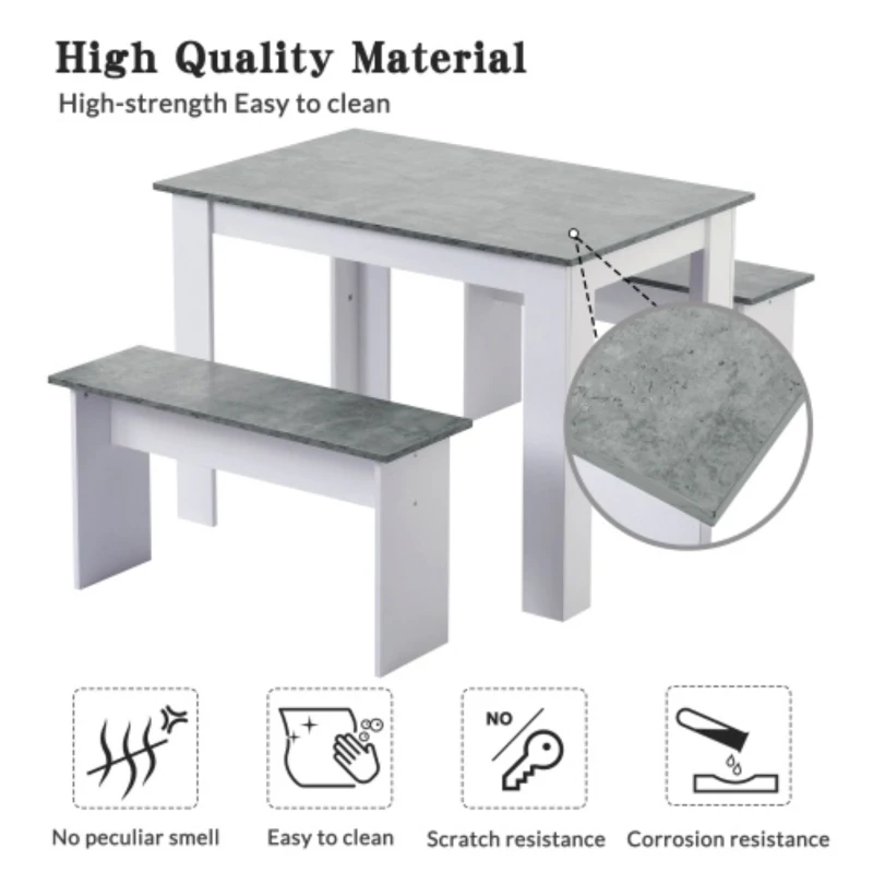 Table and Chairs Set with 2 Benches and Artificial Marble Top, Compact Design Dining Set, Easy Assembly, 108x65x75 cm, Gray