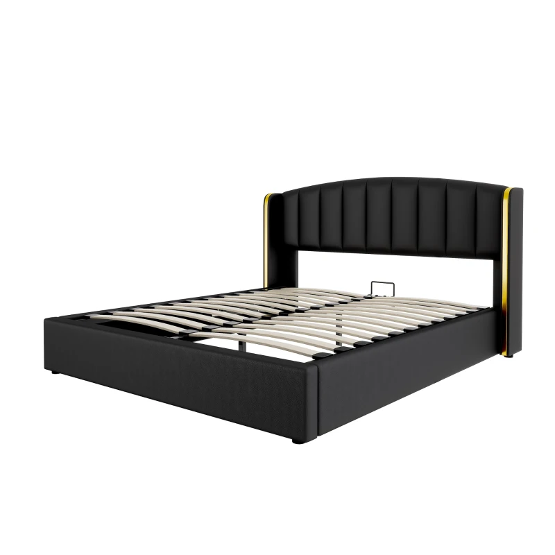Stylish Upholstered Double Bed with Hydraulic Storage, Gold Edge Ear Design, PU Material, Slat Frame and Headboard, 143x198x106 cm, Black