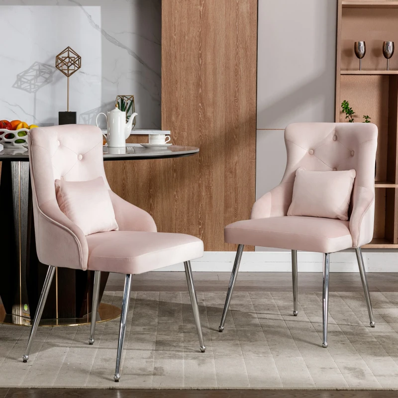 Button Pattern Modern Accent Dining Chair with Metal Legs and Lumbar Cushion, Upholstered Armchair, 54.5x58.5x87.5 cm, Pink