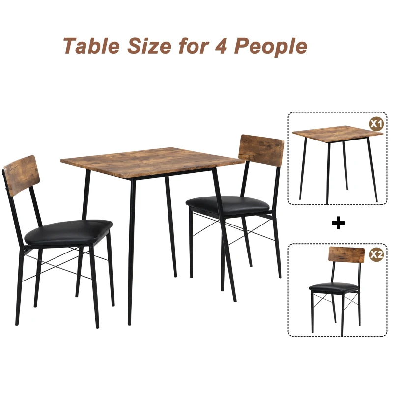 2-Seater Industrial Dining Room Table Sets with Rubber Feet Pad, Steel Legs, 3-Piece PU Leather Kitchen Table and Chairs, 70x70x75 cm, Brown