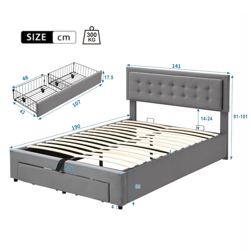 Upholstered Double Bed with Velvet Fabric, Adjustable Headboard and Large Storage Space, 141x190x101 cm, Grey