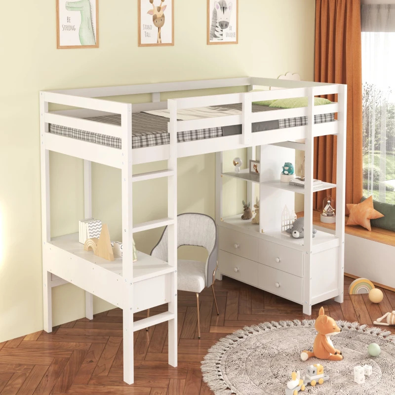 Single Loft Bed with Desk and Drawers, 3ft Pine Wood Children's Bed with Storage Compartments and Anti-Fall Railings, 196x100x164.5 cm, White