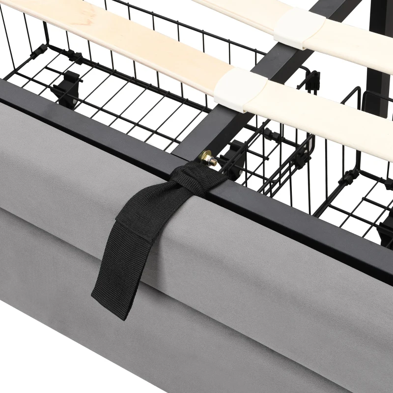 Upholstered Double Bed with Velvet Fabric, Adjustable Headboard and Large Storage Space, 141x190x101 cm, Grey