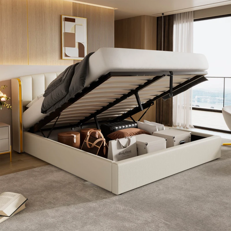 Stylish Upholstered Double Bed with Hydraulic Storage, Gold Edge Ear Design, PU Material, Slat Frame and Headboard, 143x198x106 cm, Beige