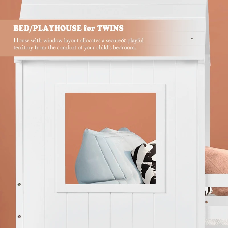 Treehouse Bunk Bed with Canopy and Ladder, Single Cabin Bed Frame, Pinewood Mid-Sleeper, Wooden Playhouse for Kids, 206x97.8x209 cm, White