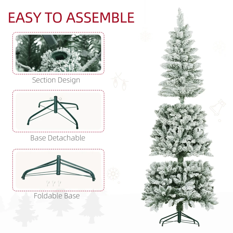 HOMCOM Pom de Crăciun Artificial Acoperit cu Zăpadă, Pom de Crăciun Îngust cu Bază Pliabilă, Ø65x180 cm, Verde