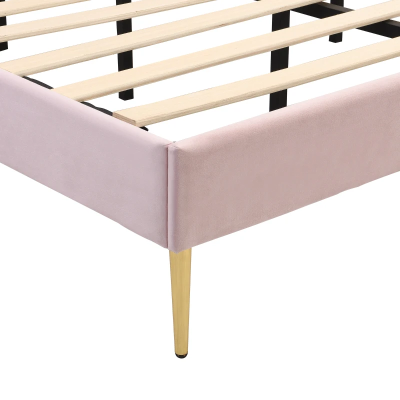King Size Velvet Upholstered Bed, Shell-Like Headboard with Golden Iron Legs, Adjustable Height, Wooden Slatted Frame, 155x205X120 cm, Pink