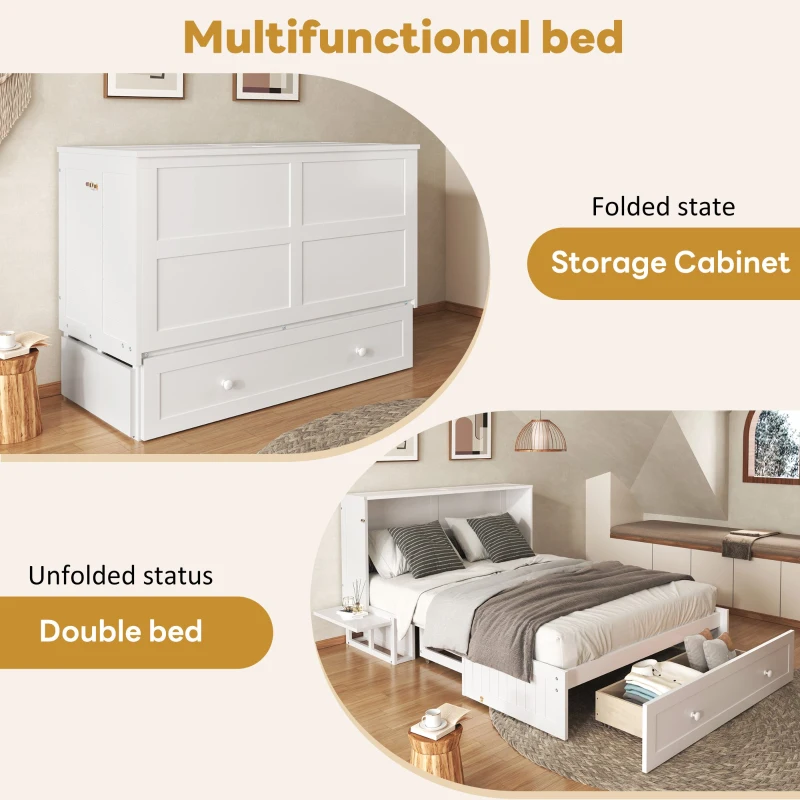 Double Murphy Bed with Foldable Shelves and Storage Drawers, Ideal for Home and Bedroom Furniture, 142x200x98 cm, White