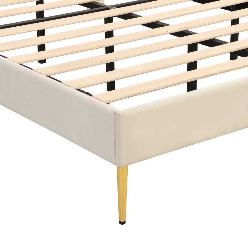 King Size Velvet Upholstered Bed with Golden Iron Legs, Shell-Like Headboard, Adjustable Height, Wooden Slatted Frame, 155x205X120 cm, Beige
