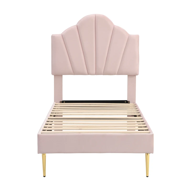 Velvet Upholstered Single Bed with Golden Iron Legs, Shell-Like Headboard, Adjustable Height, Wooden Slatted Frame, 95x195x130 cm, Pink