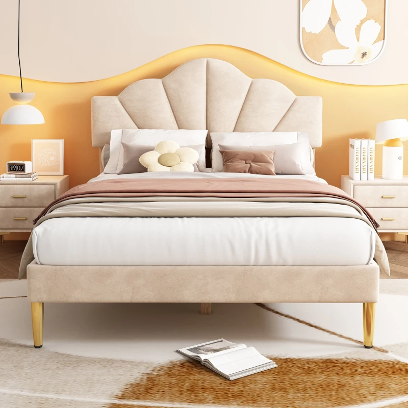 King Size Velvet Upholstered Bed with Golden Iron Legs, Shell-Like Headboard, Adjustable Height, Wooden Slatted Frame, 155x205X120 cm, Beige