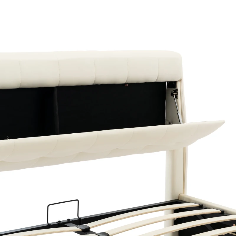 Fashion Double Bed Frame with Storage, Hydraulic Lift, Concealed Headboard Space and PU Material, 142x206x105 cm, Cream White