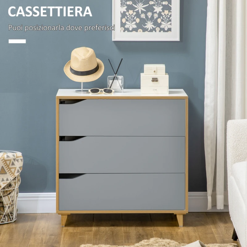 HOMCOM Cassettiera 3 Cassetti in Truciolato e MDF per Camera da Letto e Soggiorno, 75x42x75 cm, Bianca Grigia e Marrone