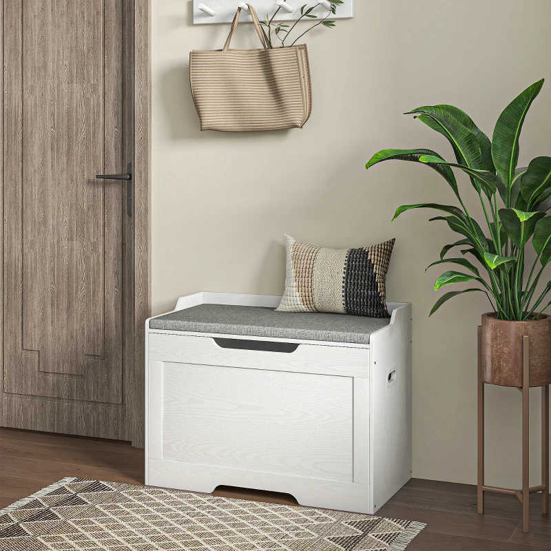 HOMCOM 103 Liter Opbergkist, Zitbank met Opbergruimte en Veiligheidsscharnier, Zitkussen, voor Diverse Kamers, Wit