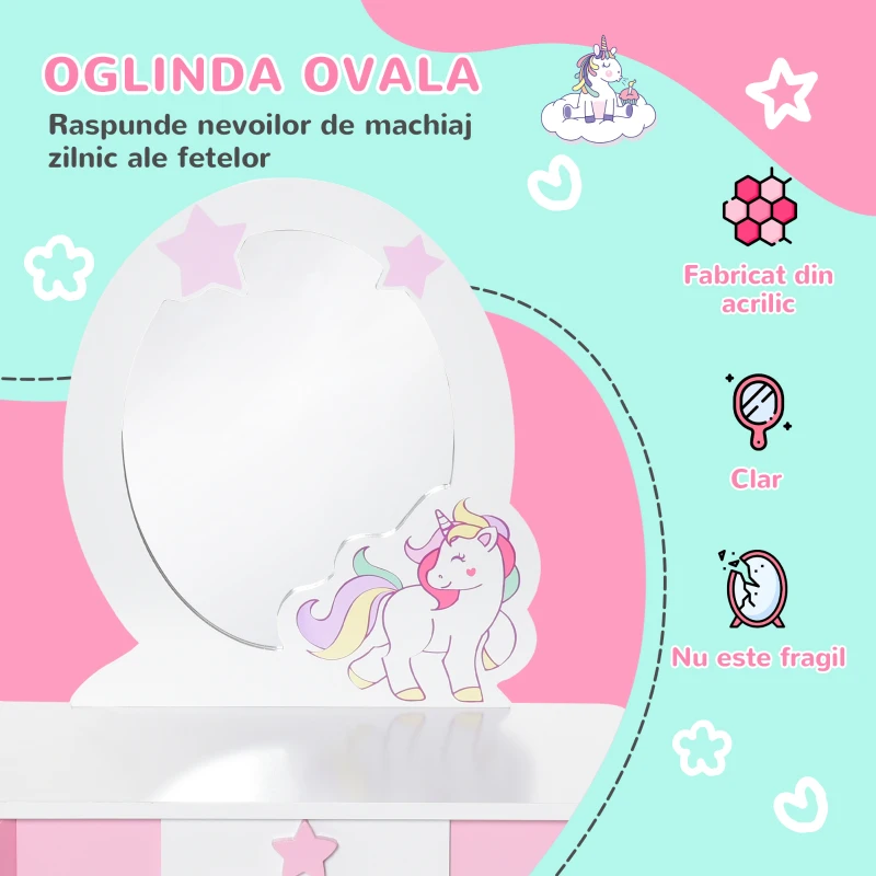 HOMCOM Oglinda Jucarie cu Sertar si Taburet Joc pentru Copii 3-8 Ani