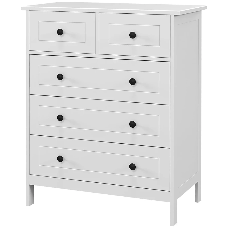HOMCOM Cassettiera con 5 Cassetti in Legno Salvaspazio e Antiribaltamento, 74x40x91cm, Bianco