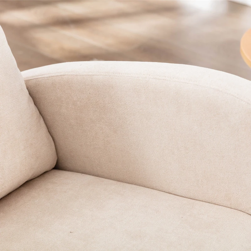 Weicher Schaukelstuhl im Mid-Century Modern-Stil, mit hoher Rückenlehne und Massivholzsockel, Beige