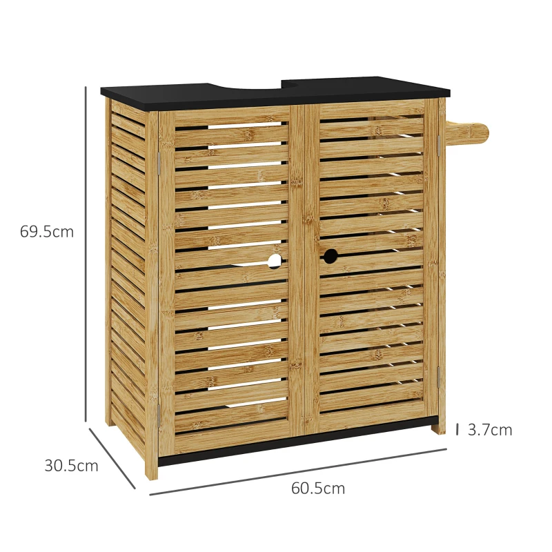 HOMCOM Dulap Sub Chiuvetă cu 2 Uși, Suport pentru Prosoape și Decupaj în Formă de U, 60,5x30,5x69,5 cm, Lemn Natural(m-3)