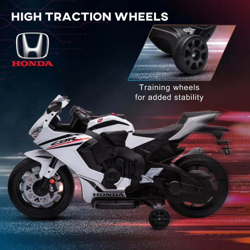 HOMCOM Motocicletă Electrică pentru Copii cu Baterie Reîncărcabilă de 6V, Viteză 3 km/h și Muzică, 90x44x52 cm, Alb(m-8)