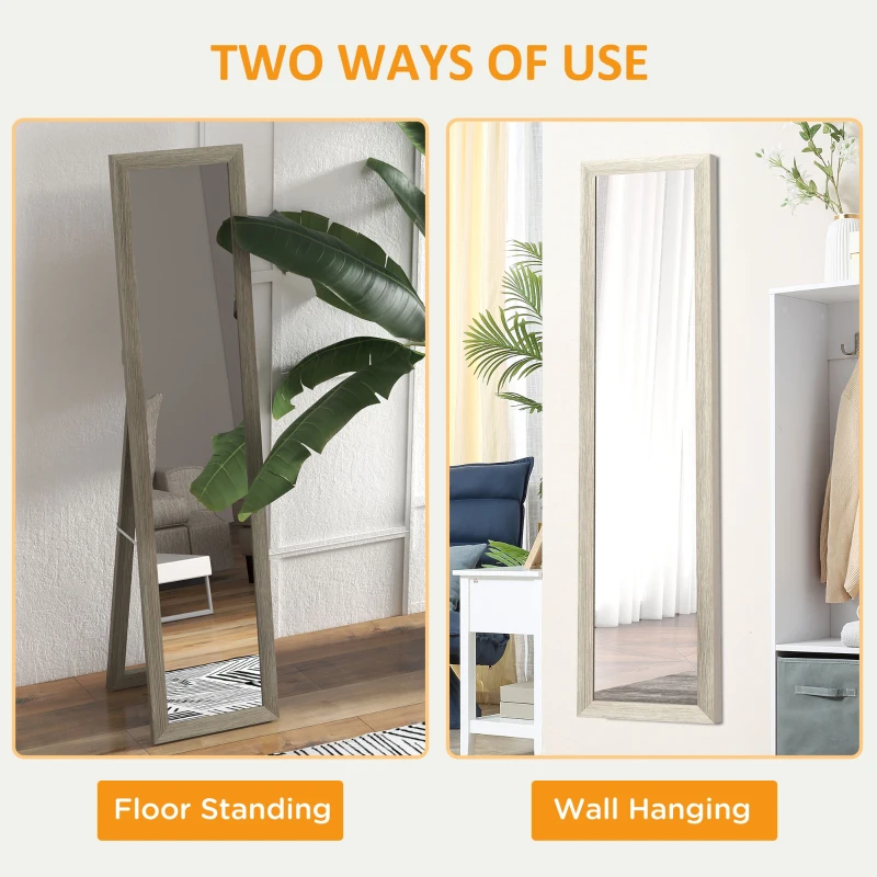 HOMCOM Oglindă cu Ramă din MDF cu Picioare și Cârlige pentru Utilizare pe Perete sau Mobilă, 37x40x155 cm, Gri