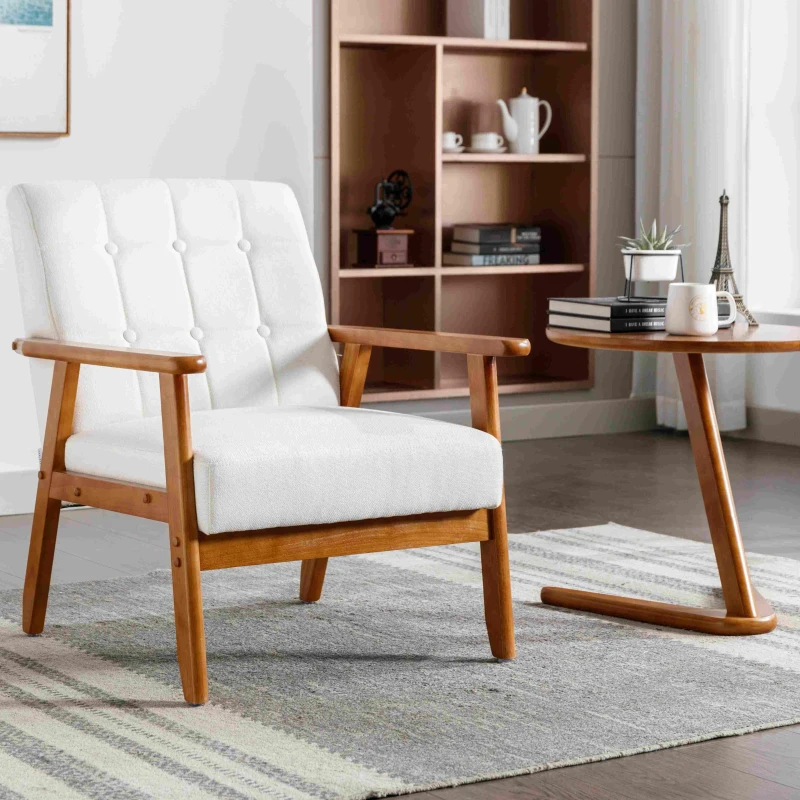 Freizeitstuhl mit Massivholzarmlehnen und -füßen, Mid-Century Modern Akzentstuhl für Wohnzimmer, Schlafzimmer, Studio, 77× 64,5× 71 cm T,Beige
