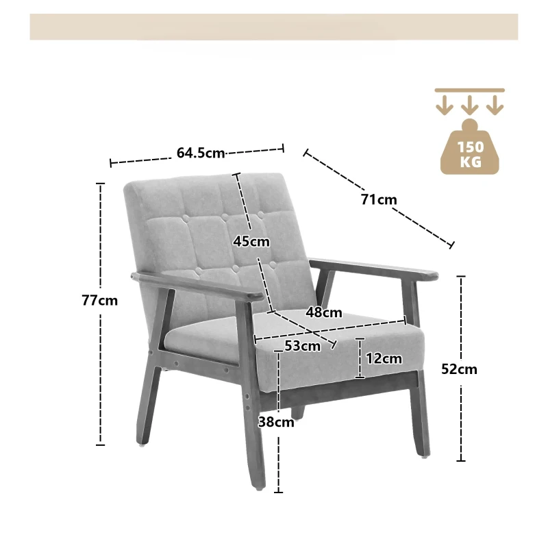 Freizeitstuhl mit Massivholzarmlehnen und -füßen, Mid-Century Modern Akzentstuhl für Wohnzimmer, Schlafzimmer, Studio, 77× 64,5× 71 cm T,Beige