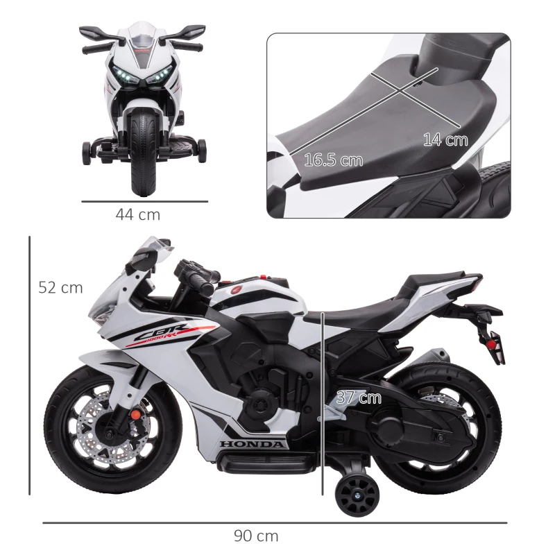 HOMCOM Motocicletă Electrică pentru Copii cu Baterie Reîncărcabilă de 6V, Viteză 3 km/h și Muzică, 90x44x52 cm, Alb(m-3)