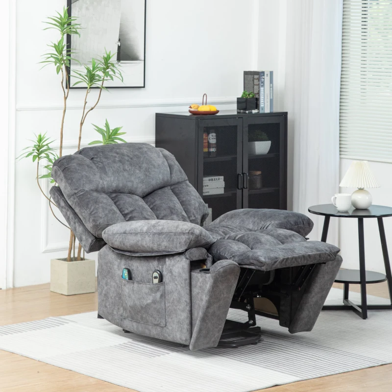 Elektrisch verstellbarer Massagesessel für ältere Menschen, Stoff-Liegesofa mit 2 Getränkehaltern, Seitentaschen und Fernbedienung, Grau