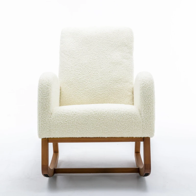 Weicher Schaukelstuhl im Mid-Century Modern-Stil, mit hoher Rückenlehne und Massivholzsockel, Weiß