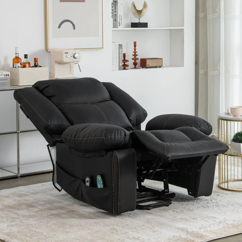 Komfortabler PU-Leder-Power-Massagesessel mit Massage, Heizfunktion, Seitentaschen, Getränkehaltern,  Stehhilfe, 85×75×103 cm, Schwarz
