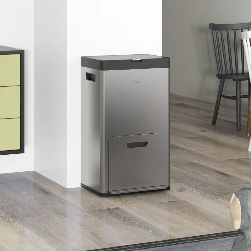 HOMCOM 56L Triple Compartment Stainless Steel Kitchen Bin, with Deodoriser Holders and Wheels - Silver Tone