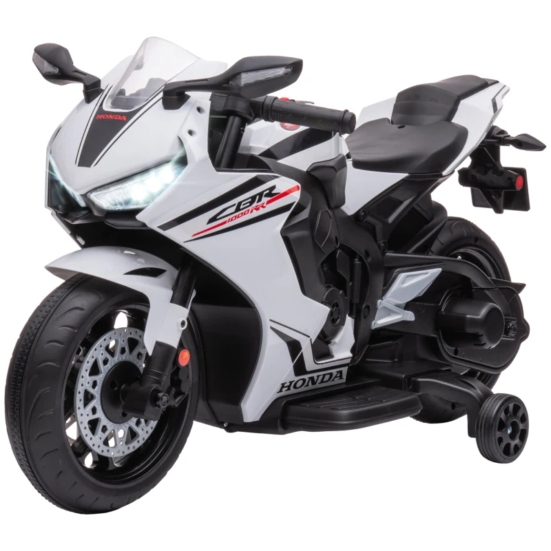 HOMCOM Motocicletă Electrică pentru Copii cu Baterie Reîncărcabilă de 6V, Viteză 3 km/h și Muzică, 90x44x52 cm, Alb(m-10)