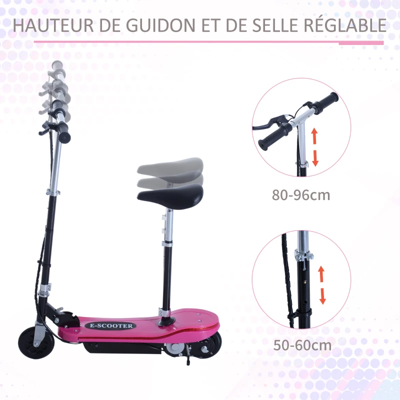 HOMCOM Trottinette électrique pliable 120 W enfant 7 à 12 ans lumière LED hauteur guidon et selle réglable 10 Km/h max. rose