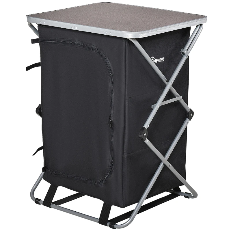 Outsunny Armario Cocina de Camping Plegable con Paravientos 3 Estantes Bolsa de Almacenamiento Encimera 58X65x93 cm para Exterior Acampadas Picnics Tela Oxford Negro