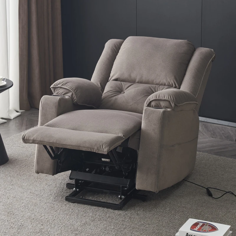 Elektrischer TV-Sessel mit Aufstehhilfe, Massagesessel mit Liegefunktion, 2 Getränkehaltern, Massagefunktion, Heizfunktion, Fernbedienung, Braun