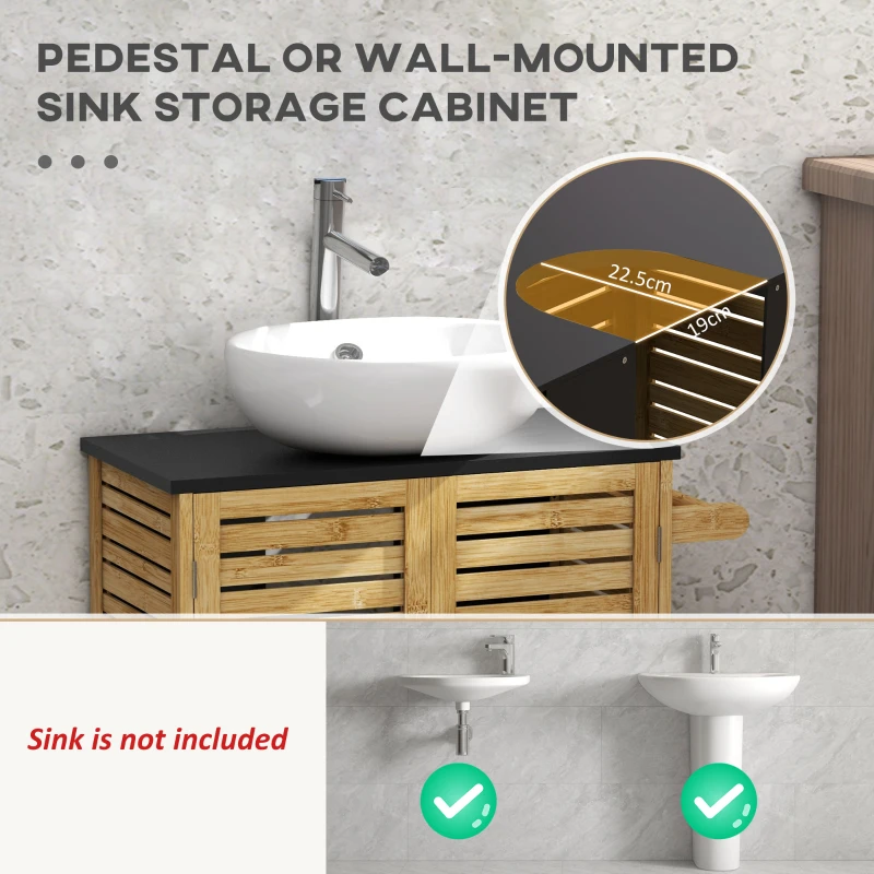 HOMCOM Dulap Sub Chiuvetă cu 2 Uși, Suport pentru Prosoape și Decupaj în Formă de U, 60,5x30,5x69,5 cm, Lemn Natural(m-4)