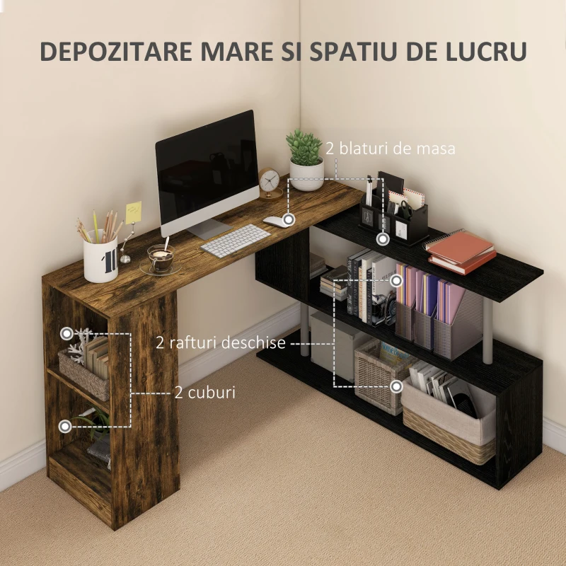 HOMCOM Birou de Colț Spațiu Economic cu Raft în Formă de S, Birou Modern din Lemn, 140x120x78 cm, Maro Rustic