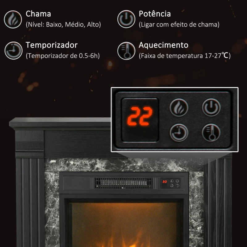 HOMCOM Lareira Elétrica 1800W com Efeito de Chama Realista e Proteção Contra Superaquecimento 80x21,6x67,8 cm Preto
