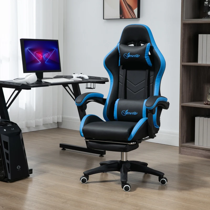Vinsetto Scaun de gaming din piele ecologica PU si otel cu inaltime reglabila si spatar inclinabil, 65x65x121-129 cm, albastru si negru