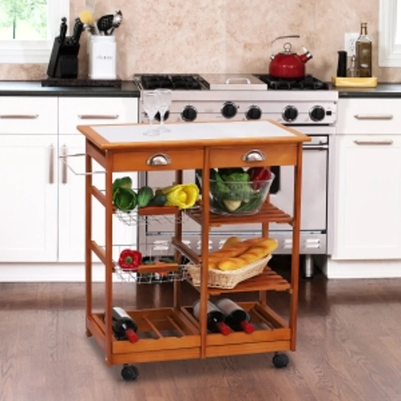 HOMCOM Carrello da Cucina Multiuso in Legno di Pino 74 x 37 x 76cm Marrone Chiaro