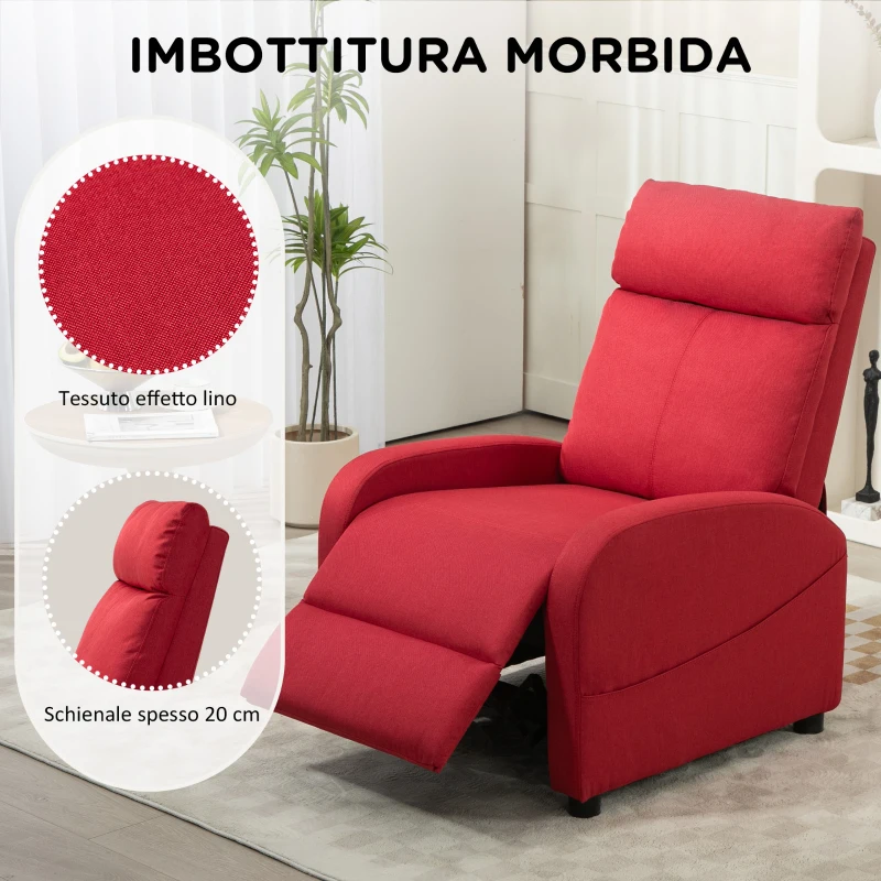 HOMCOM Poltrona Relax Reclinabile con Poggiapiedi in Tessuto Effetto Lino, 69x85x100 cm, Rosso