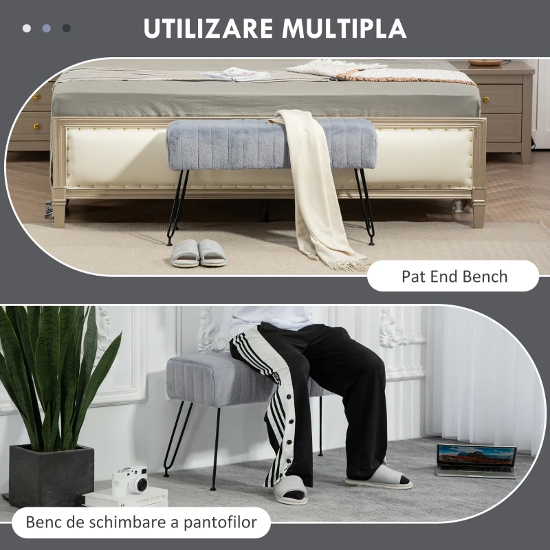 HOMCOM Bancă de Pat Tapițată și Lemn, Bancă de Intrare cu Picioare Metalice, 82x30x47 cm, Gri