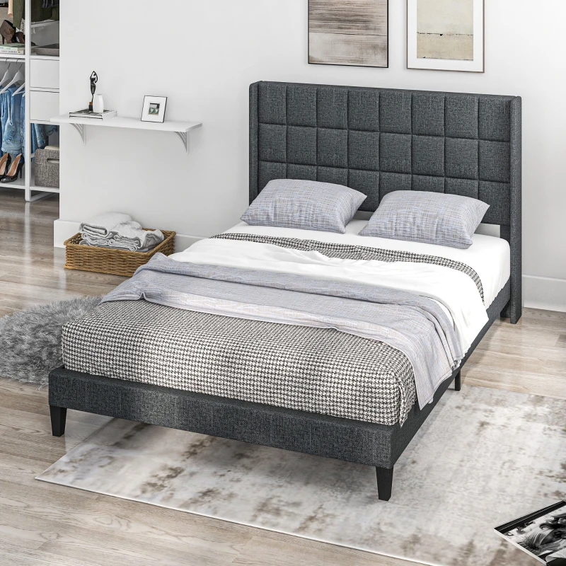 HOMCOM Cama 135x190 cm Estrutura de Cama com Cabeceira Estofada em Linho e Espaço de Armazenamento Debaixo da Cama Cinza